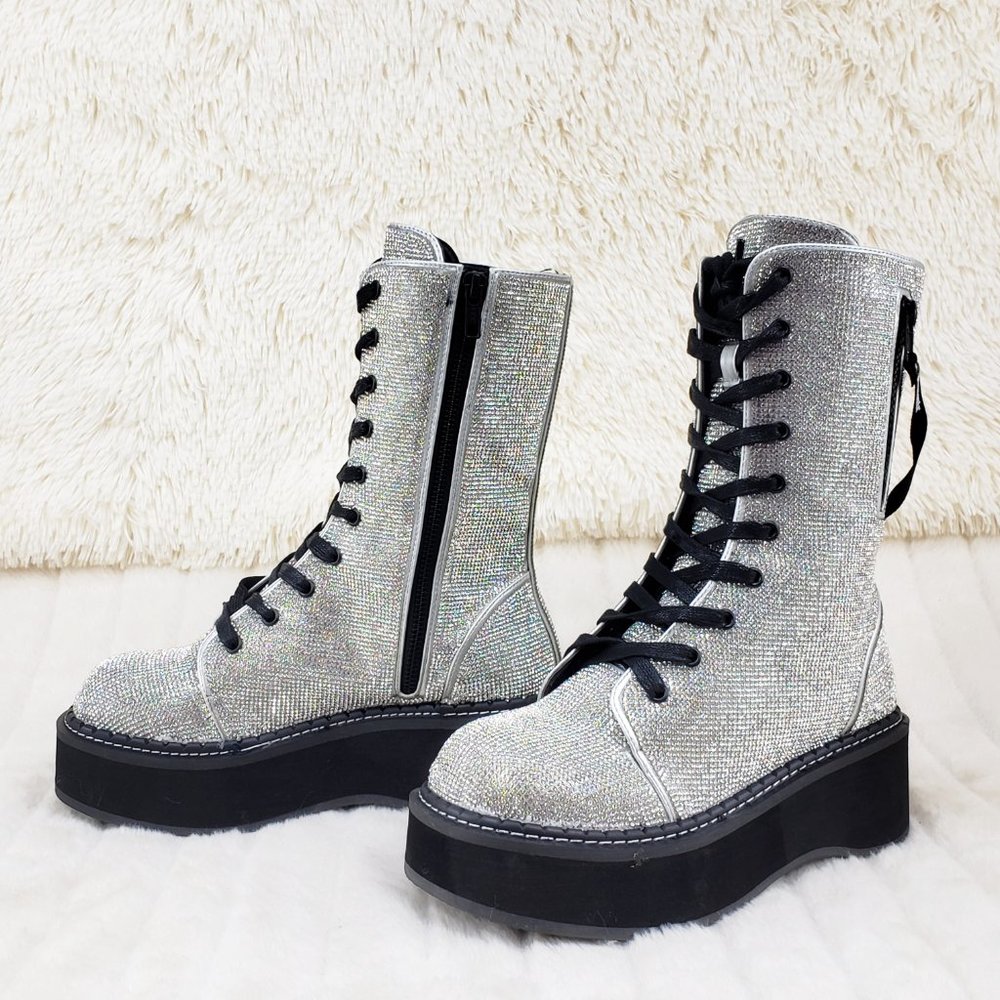 Super Sparkle Iridescent Rhinestone Platform Combat Mid Calf Boots 362 Emily - Picture 12 of 17